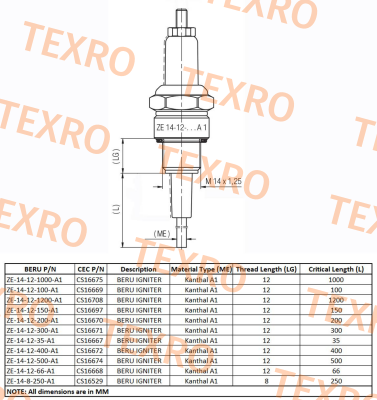 Beru-29 050 05 Type  ZE 14-12-200 A1