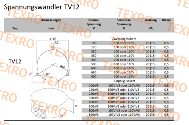 Revalco-TV12, 690/100V Kl.0,5 20VA 